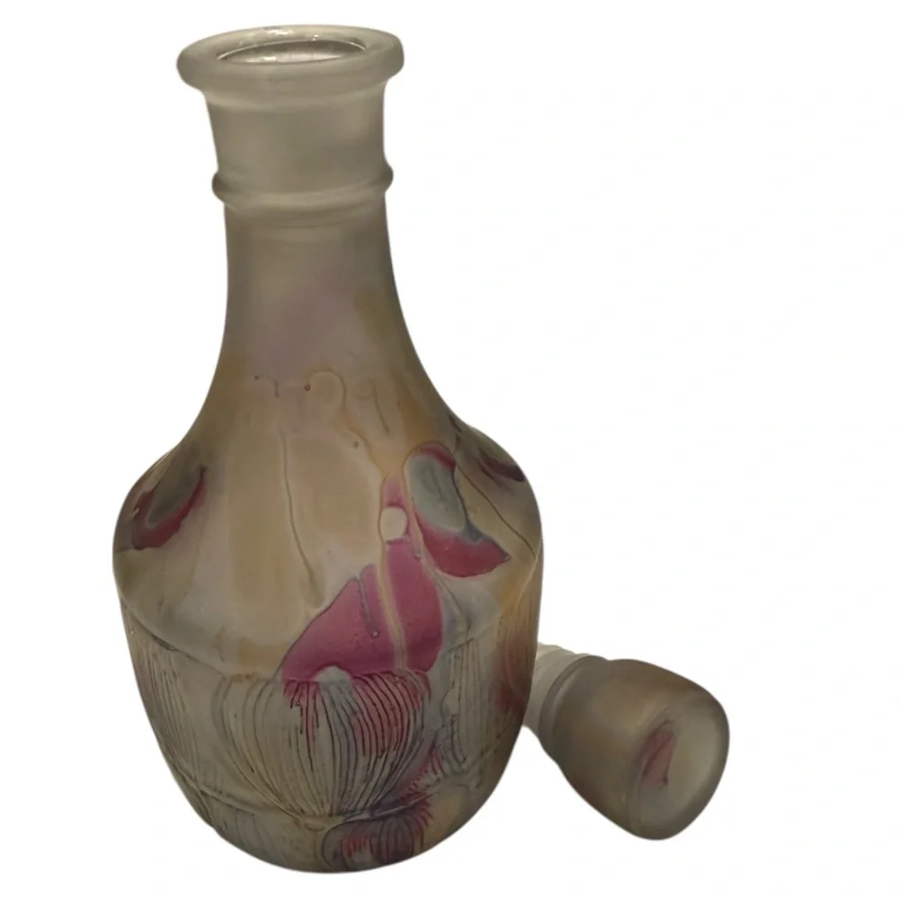 Nouveau Art Glass Wine Decanter Multi-Color Hand Painted Abstract Design France